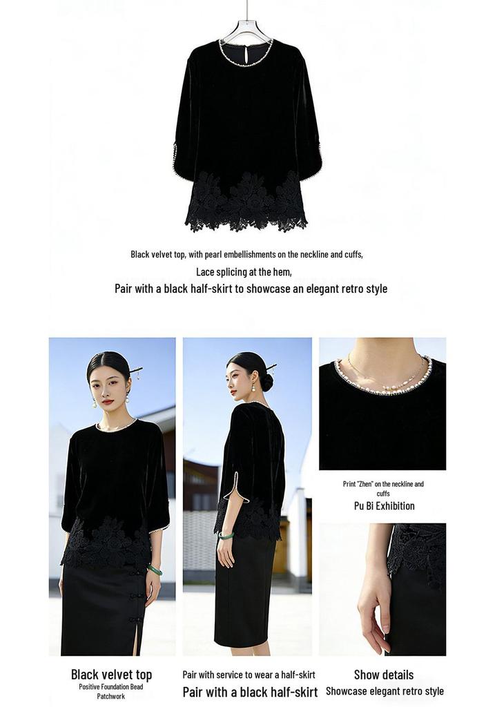Velvet Lace Patchwork Women's Elegant Long-Sleeve Shirt with Chinese Style Drape and Round Neck