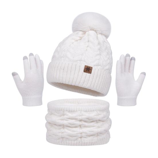 3Pcs/Set Women Winter Hat Scarf Gloves Set Twist Texture Plush Ball Decor Brimless Hat Scarf Touchscreen Glove Set