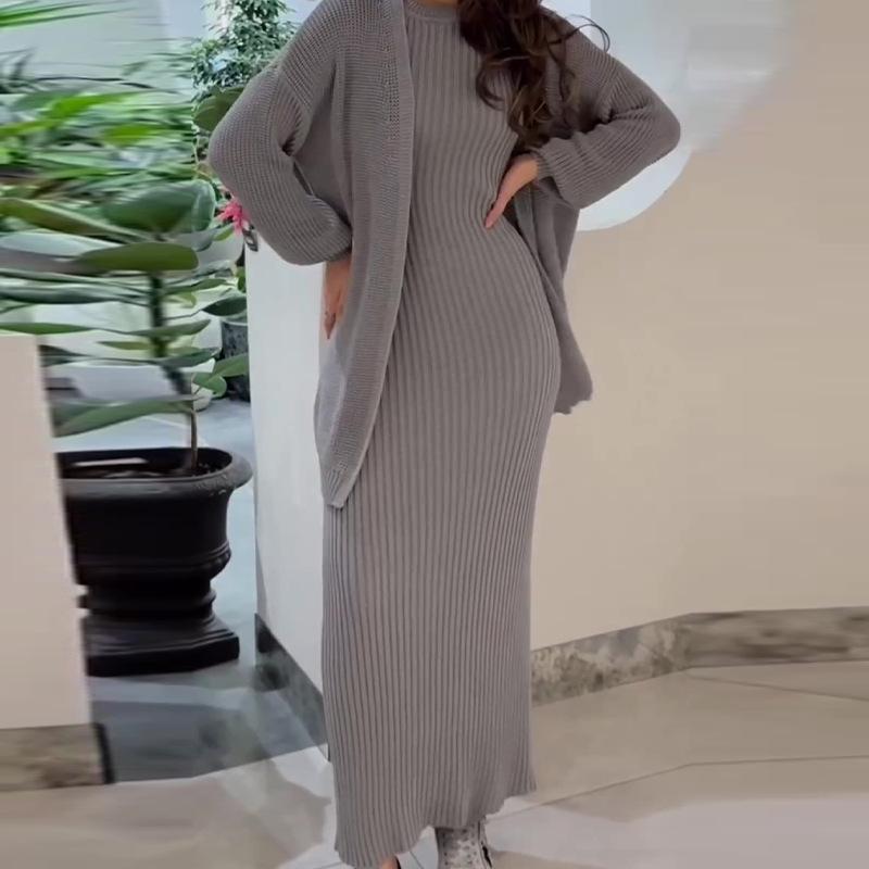 Russian Autumn/Winter Casual Round Neck Lazy Style Knitted Cardigan Set Dress