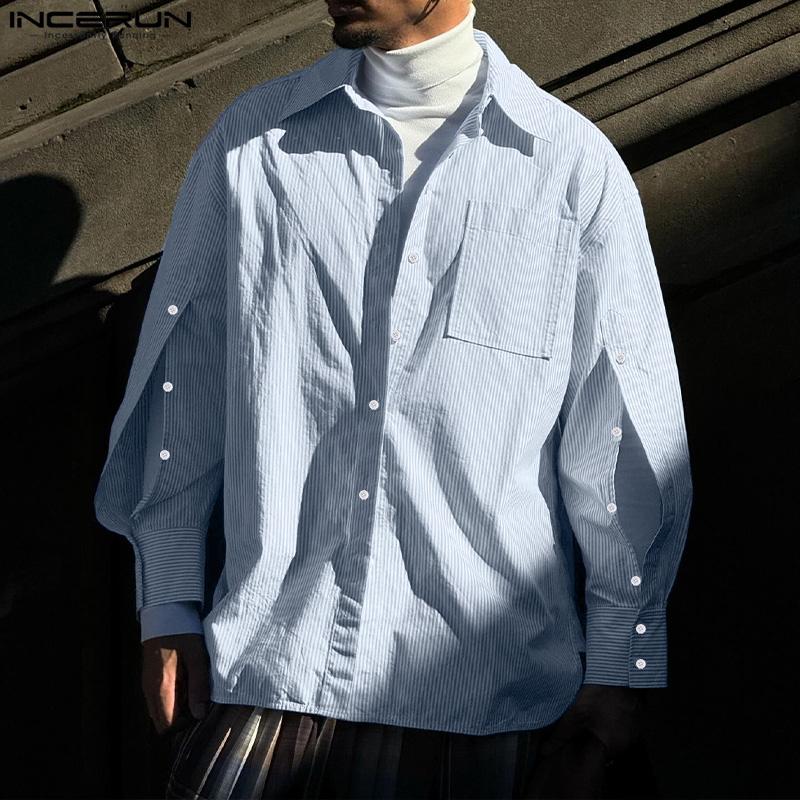 

INCERUN Мужские рубашки в полоску с воротником с лацканами и открытыми топами с длинными рукавами на пуговицах
