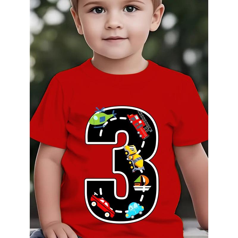 Boys Number 3 Car Helicopter Ship Cartoon Print Crewneck Short Sleeve Tee