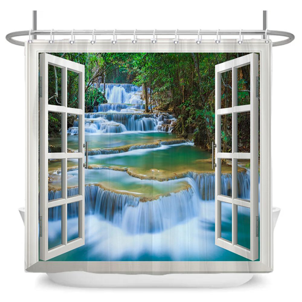 3D Forest Waterfall Landscape Bath Curtain Window Scenery Curtain Spring Nature Rainforest Shower Curtains for Bathroom Decor
