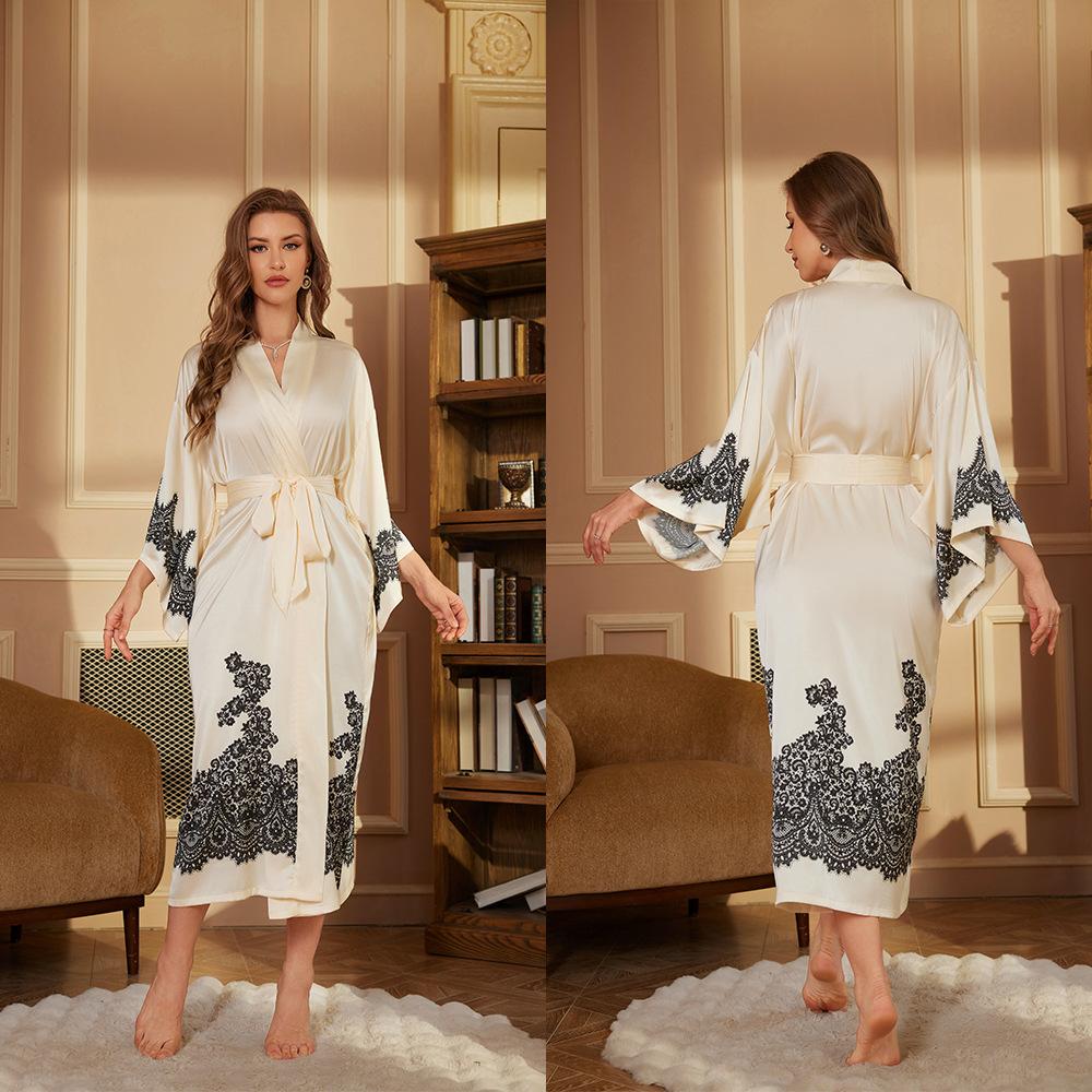 Print Satin Women Long Robe Retro Sleepwear Seven Quarter Sleeve Kimono Bathrobe Loose Home Wear