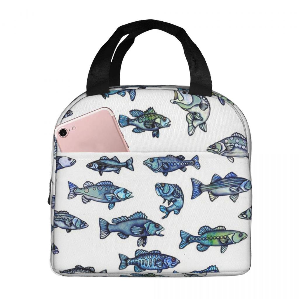Blue School Of Fish Cartoon Insulated Lunch Bag for Women Children Portable Food Boxes Thermal Lunch Box Tote