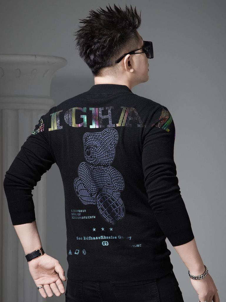 European-Style Spring and Autumn Half-Turtleneck Sweater for Men, 2026 New Trendy Brand Bear Print Men's Pullover Long-Sleeve Knitwear
