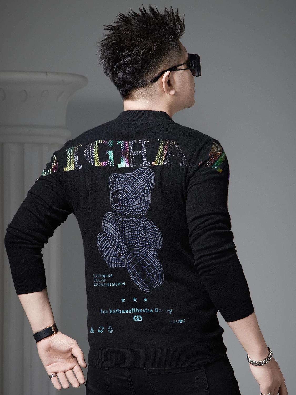 

European-Style Spring and Autumn Half-Turtleneck Sweater for Men, 2026 New Trendy Brand Bear Print Men s Pullover Long-Sleeve Knitwear 2XL белый