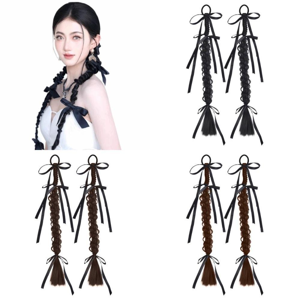 1Pair Fried Dough Ribbon Bow Double Ponytail Handmade Long Braiding Hair Extensions  Women/Girls