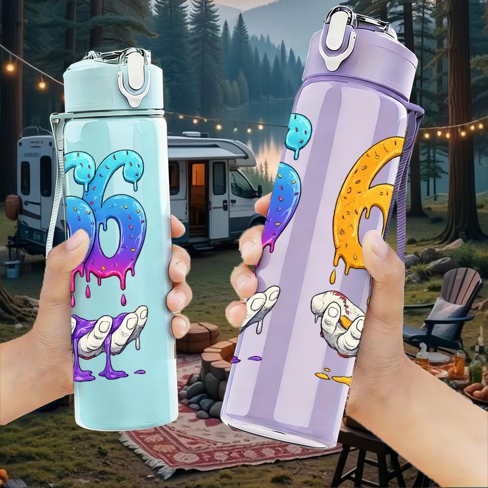 1PC 66 67 Drip Graffiti Number Print 750ml Color Plastic Sports Water Bottle Leakproof Flip Straw Lid Suitable for Sports Office Home Use