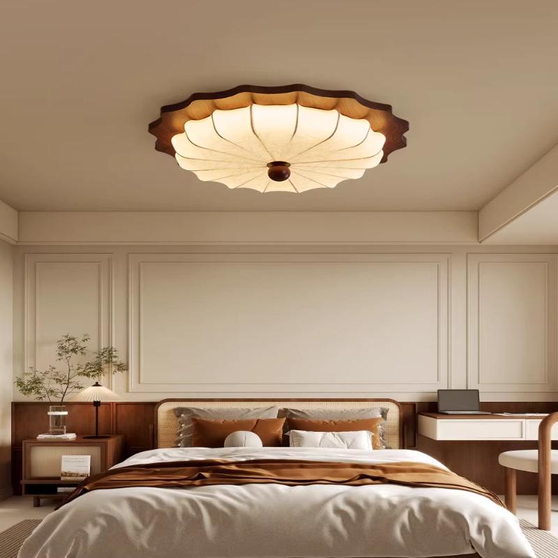 Walnut Wood Grain Wabi-Sabi Bedroom Ceiling Light, Retro Fabric Design, Atmospheric Eye Protection Fixture