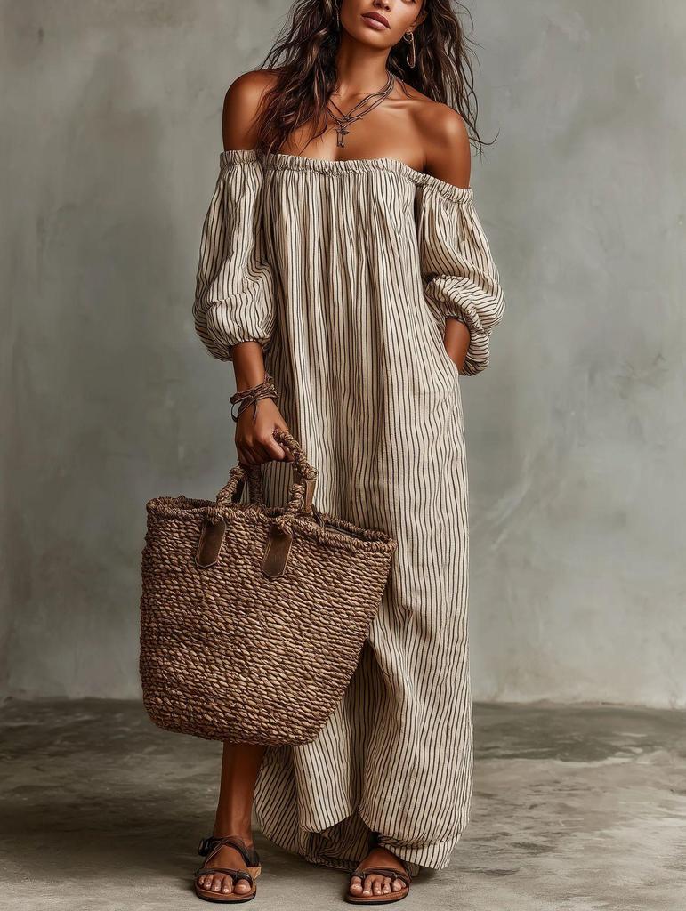 Available for 2026: New Spring Striped Off-Shoulder Dress for Women in Cotton and Linen - Perfect Vacation Style