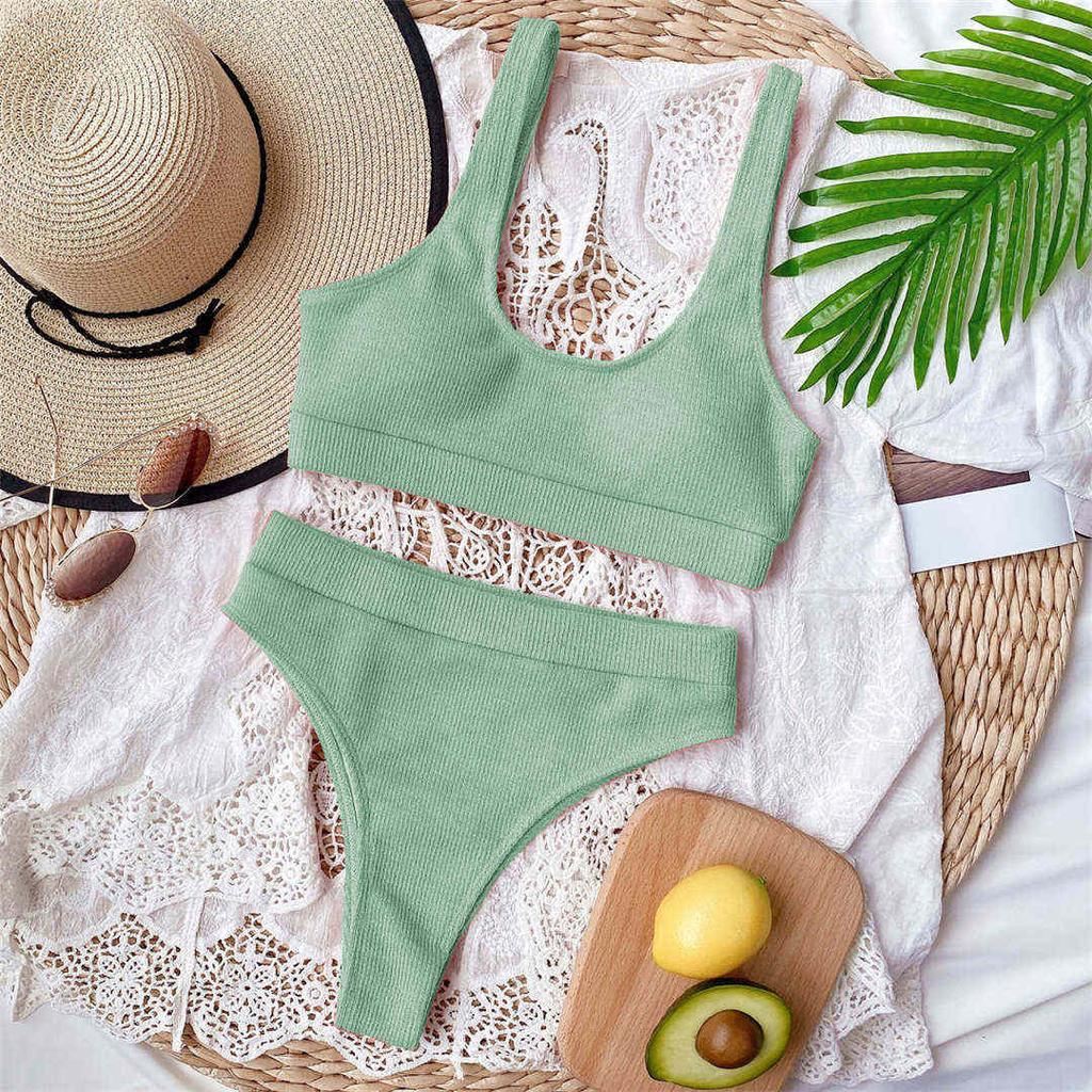 Sexy gerippter Badeanzug mit hoher Taille, Bikini, Damen-Bademode, zweiteiliges Bikini-Set, Badeanzug in Orange