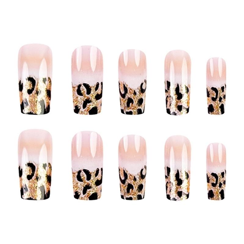 24Pcs Press On Nail Glitters Leopard Designs Full Cover Acrylic False Nail Artificial Nail Manicure Nail Art for Women