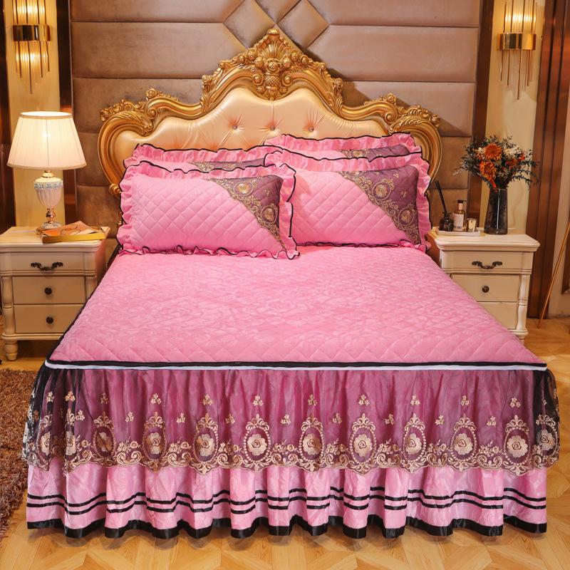 Winter Velvet Lace Bed Skirt One-Piece Thickened Non-Slip Coral Velvet Bedspread Detachable Lace Mattress Protective Cover