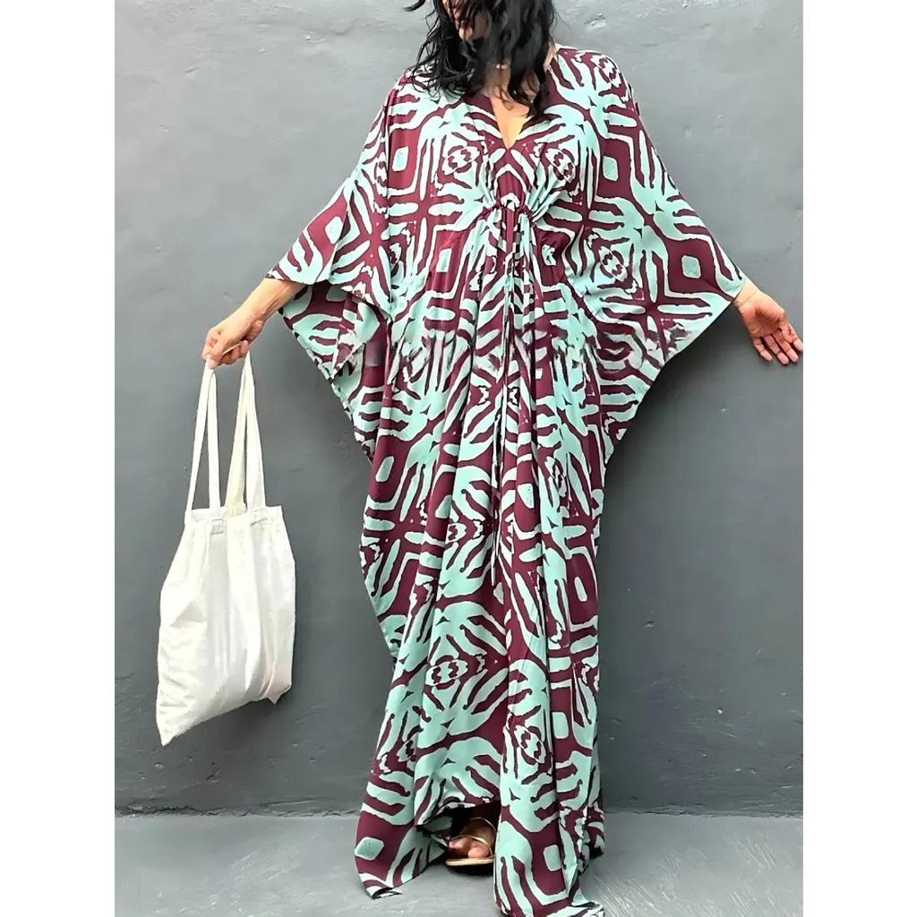 Cotton Drawstring Holiday Beach Dress Women's Sunscreen Loose Large Size Long Dress Bikini Overcoat