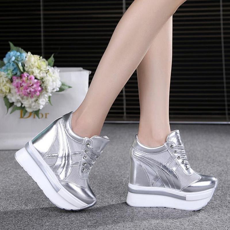 Fashion NEW Classic Women Mesh Platform Sneakers Trainers White Shoes High Heels Wedges Outdoor Shoes Breathable Casual Shoes Woman