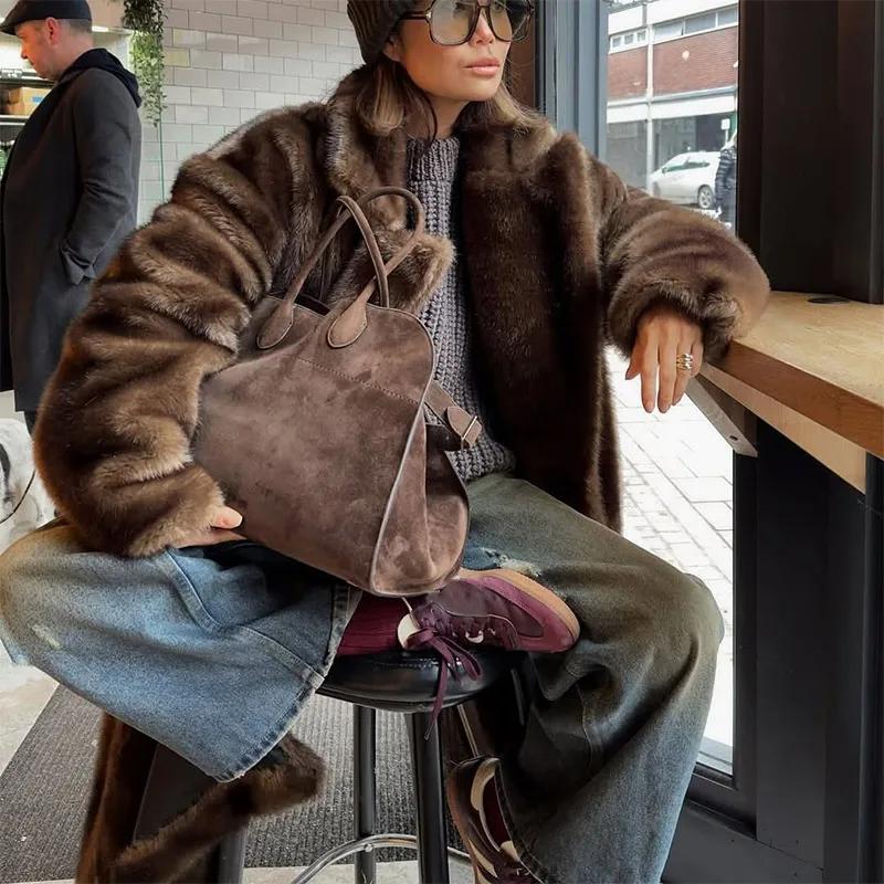 Fashion Mixed Color Lapel Collar Woman Long Coat Elegant Full Sleeve Loose Overcoat New Winter Lady High Street Faux Fur Jacket