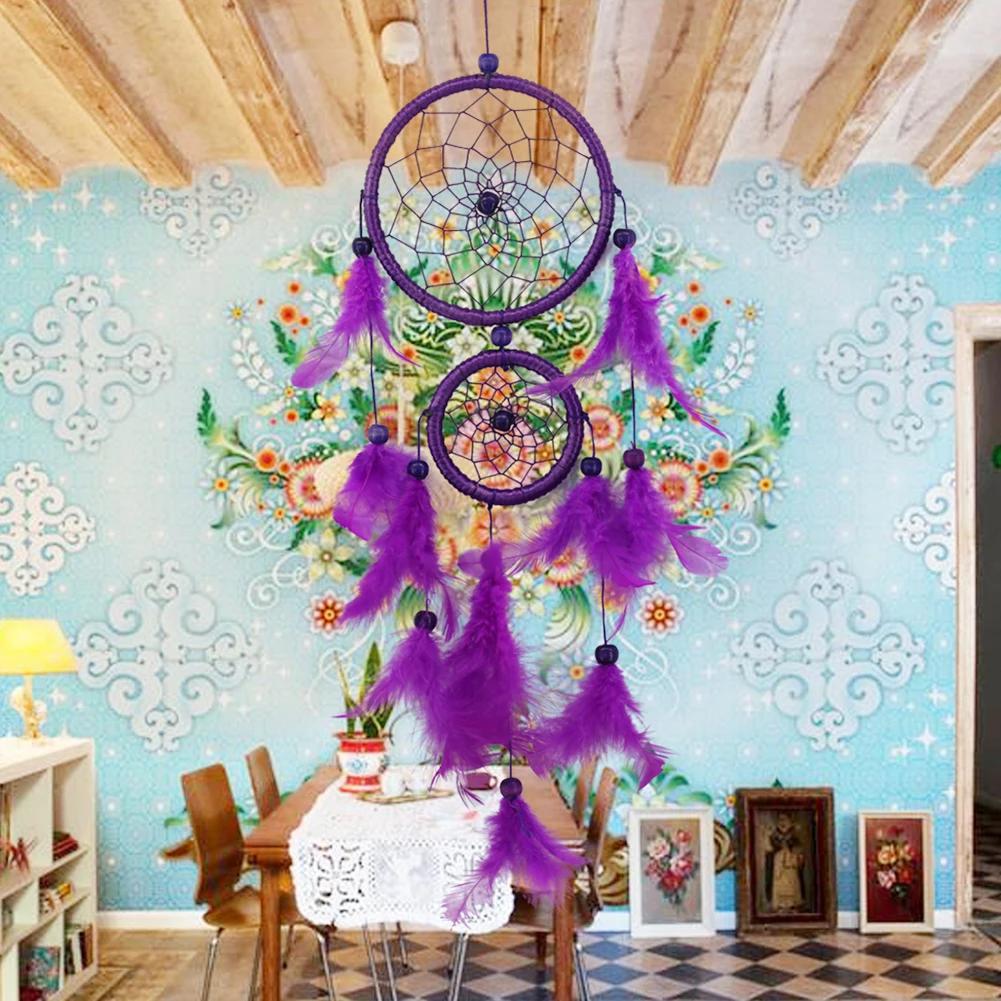 Romantic Heart Shaped Dream Catcher Double Ring Purple Feather Dream Catcher Wall Hanging Home Car Decor Craft Christmas Gift