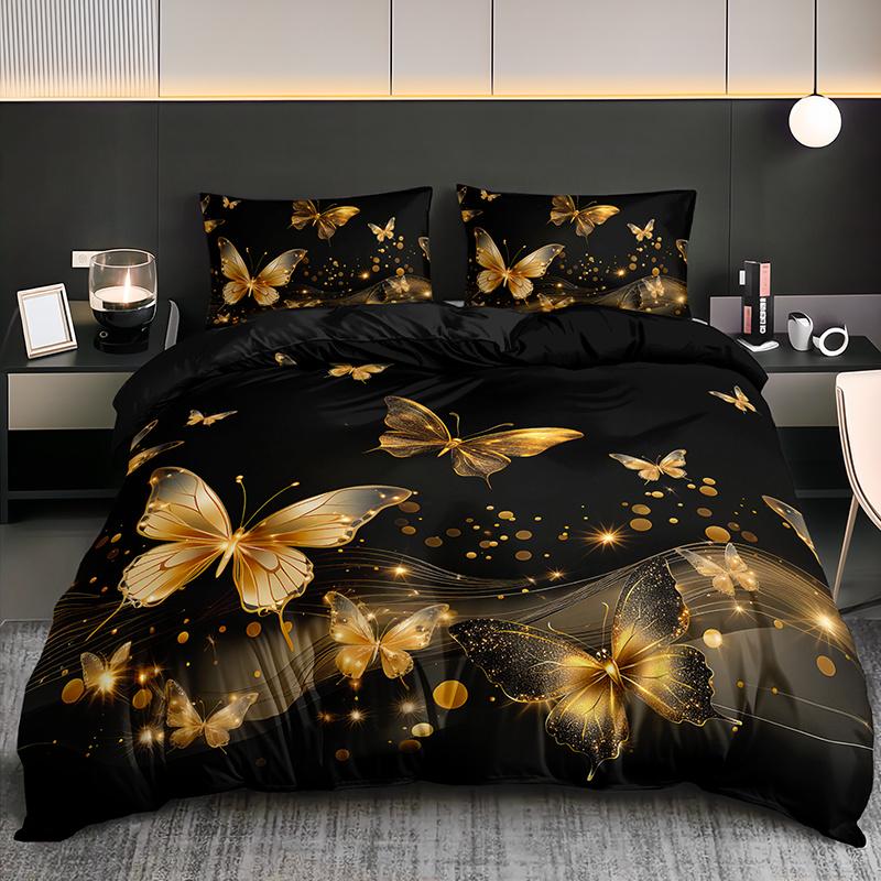 3pcs Luxury Golden Butterfly Bedding Duvet Cover Set Elegant Butterfly Bedding Quilt Set Modern Butterfly Themed Bed Quilt Set