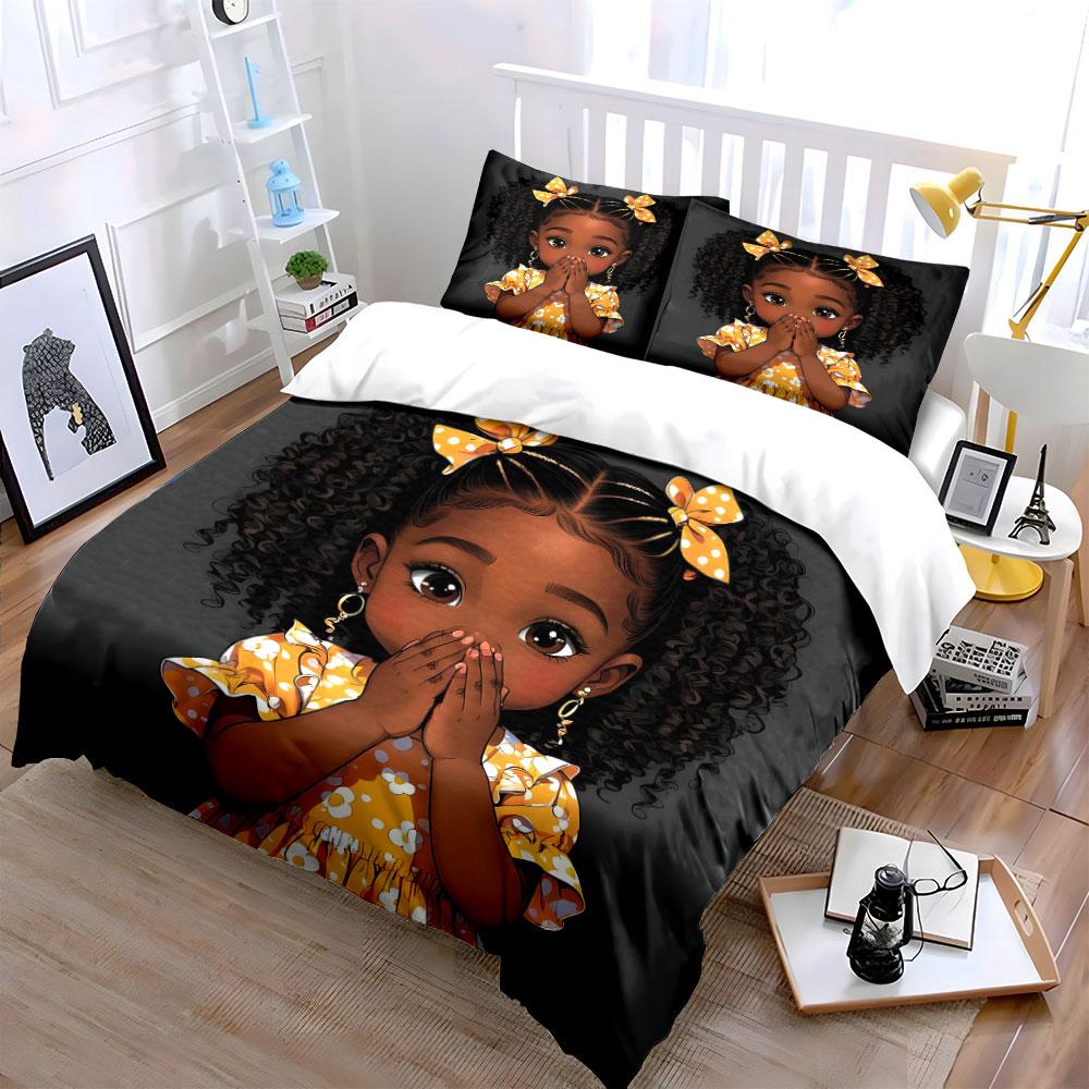 Praying Curly Hair Black Girl Duvet Cover SetYellow Polka Dot Dress Faith Bedding Includes 1 Duvet Cover And 2 PillowcaseGift