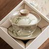 Hand drawn emerald green bamboo tea bowl with lid, home kung fu tea bowl, glass tea set, ceramic three piece lid bowl
