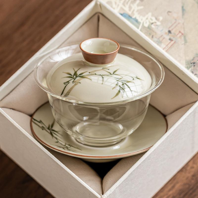 Hand drawn emerald green bamboo tea bowl with lid, home kung fu tea bowl, glass tea set, ceramic three piece lid bowl