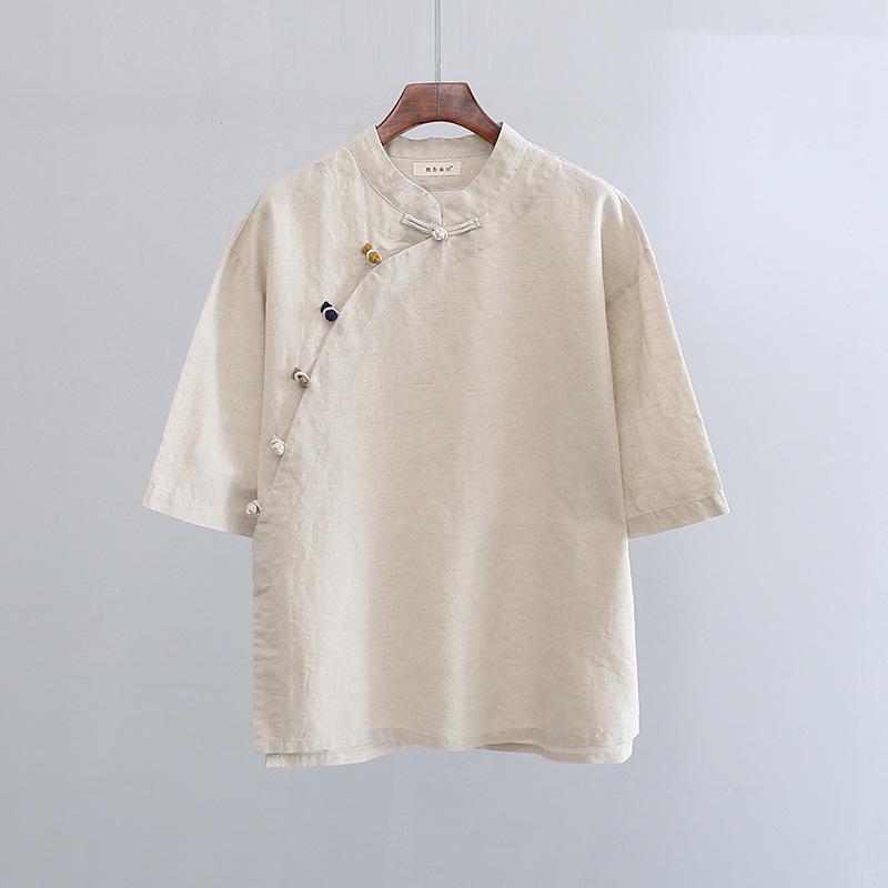 

Женский летний топ ретро из хлопка и льна с воротником-стойкой, цветовыми блоками и коротким рукавом, 2025 One Size