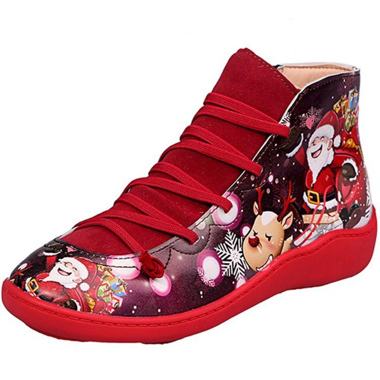 

Европейские и американские рождественские женские короткие сапоги 2024 года, осень и зима, новые женские повседневные сапоги с плоским дном с принтом и сращиванием 35 красный