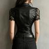 Women Faux Leather Shirt Lace Sleeve V Neck Button Front Corset Style Slim Fit Blouse
