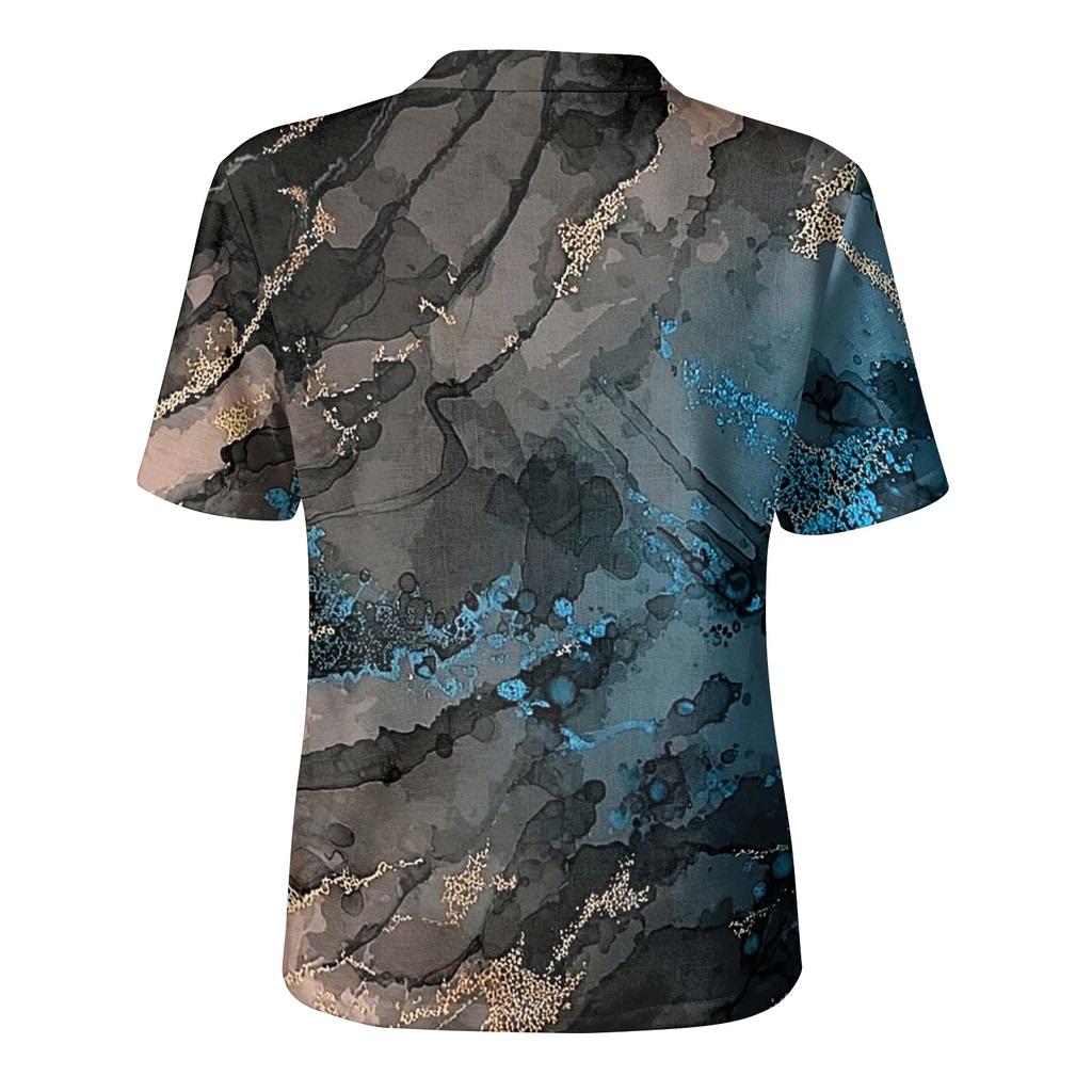 Women's Short Sleeve Henley Button Neck Shirt Cotton Linen Blend Lightweight Casual Top with Abstract Print Pattern for Summer and Spring