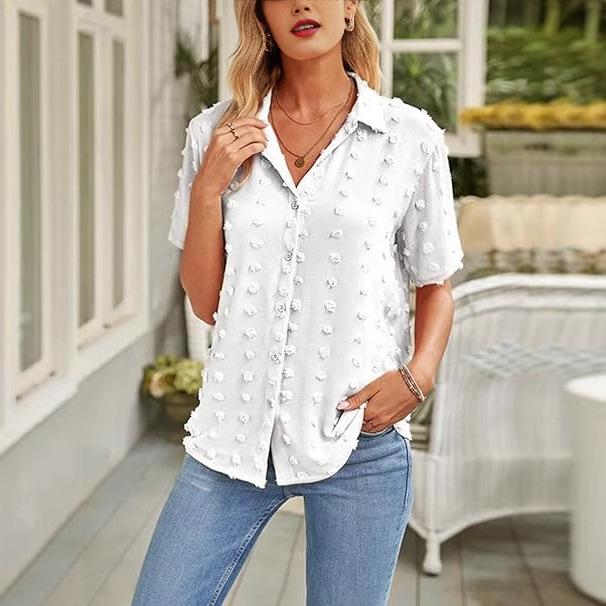 

Женская летняя однотонная свободная блузка с коротким рукавом и лацканами, универсальная рубашка, топ XL белый