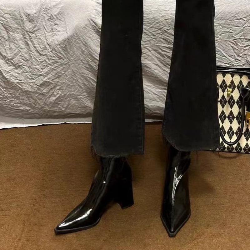 Fall Winter Square Head Patent Leather High Heels Thi Heel Slim Ort Boot Women Faion Boots Waterproof Platform Ortie