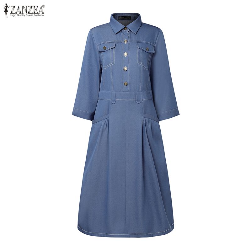 ZANZEA Women Casual Turn Down Collar Long Sleeve Loose Shirt Dress