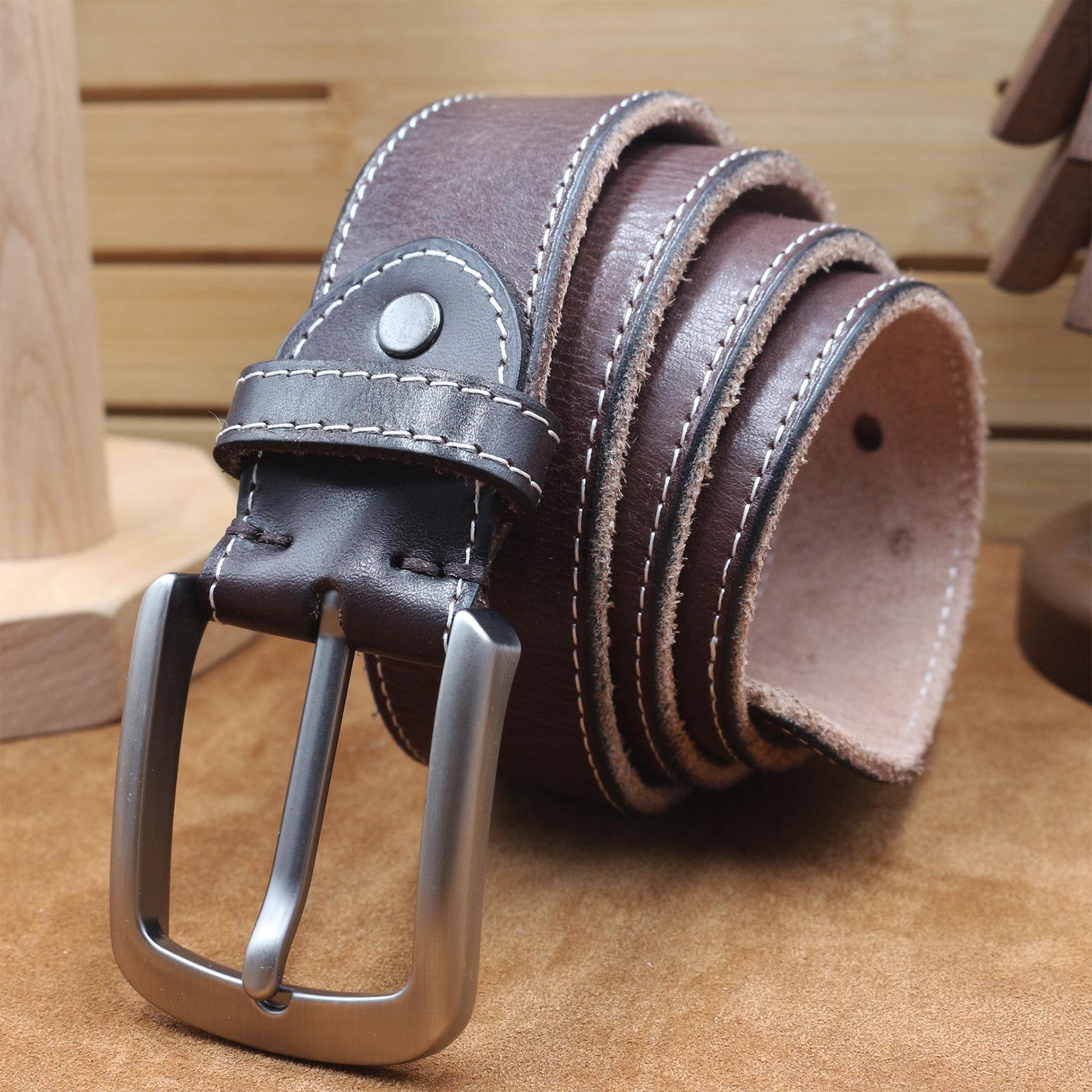 

Handmade First Layer Cowhide Belt Retro Vegetable Tanned Pure Cowhide Pin Buckle Car Line Casual Men S Belt Direct Sales 130cm темно-коричневого