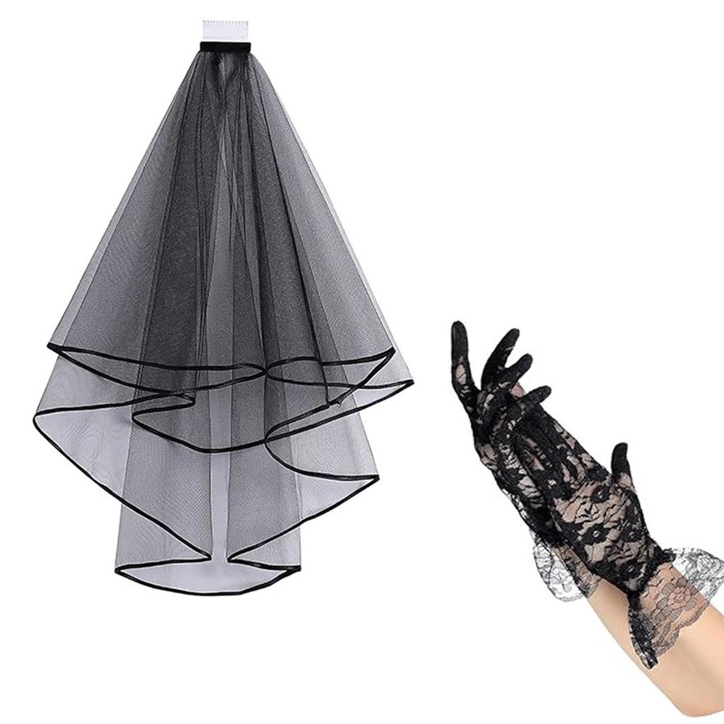 Geheimnisvolle Dame Halloween Schwarzer Spitzen Schleier und Handschuhe Set Atmungsaktive und Bequeme Kopfbedeckungen Party Kopfschmuck