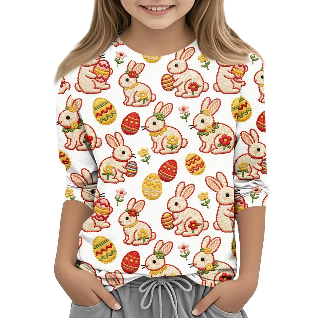 Children's Seven Quarter Sleeve Easter Print Round Neck Print Casual Top