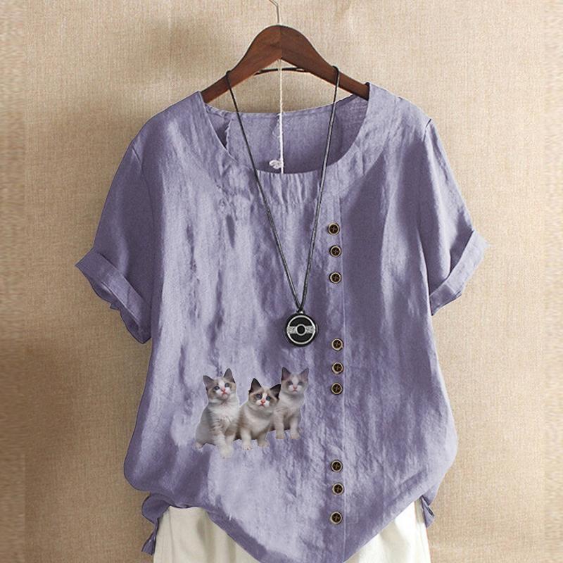 Women's Fashion Round Neck Short Sleeve T-shirt Casual Cotton Linen Graphic Shirt Leisure Loose Cats Prined Summer Blouse Tops