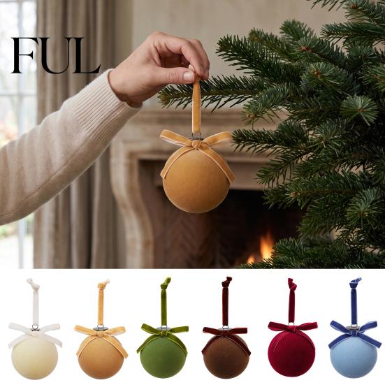Retro Christmas Baubles with Bows 15Pcs Flocking Ball Hanging Ornaments Bow Decor, Flocked Tree Velvet Balls Bubbles for Holiday Home Decoration,