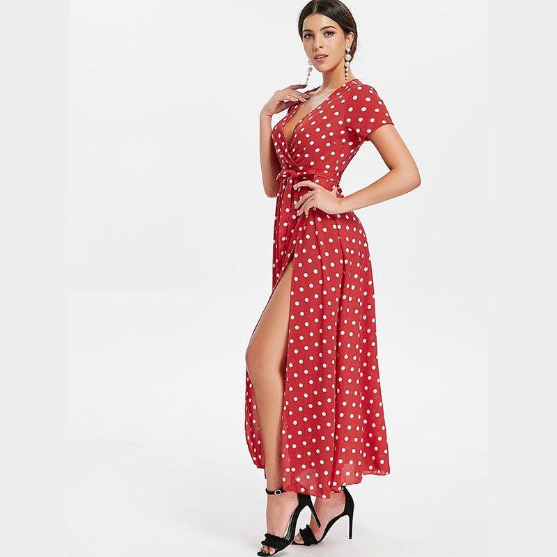 Women Short Sleeve V Neck Swing Dress With Elegant Polka Dot Print And Slit Detail