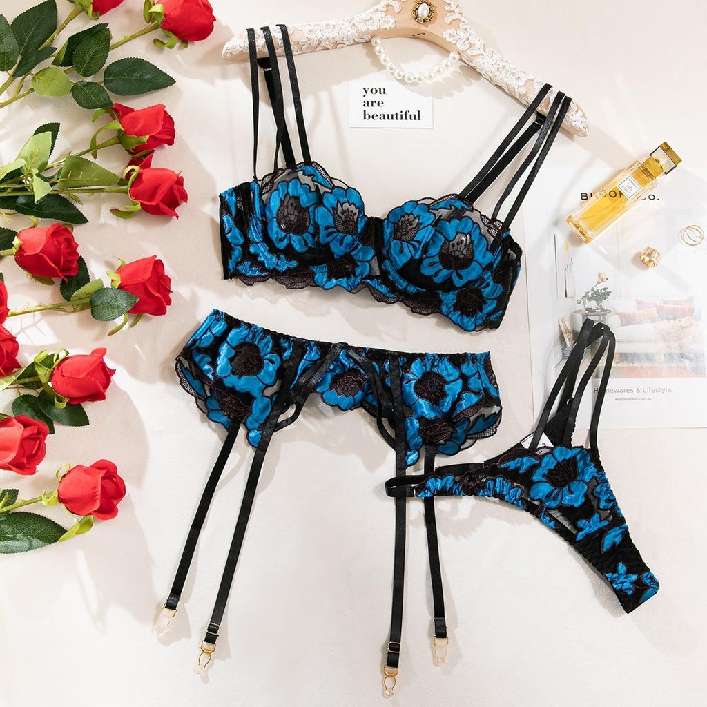 New popular sexy flower embroidery French underwear mesh stitching gather fun pure desire multi-piece underwear women