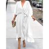 2026 New Plus Size Women's Solid Color Tie-Waist Long Dress with Bat Sleeves and Asymmetrical Hem