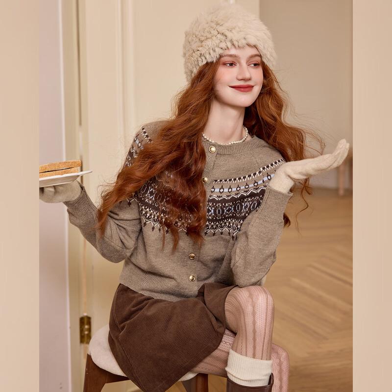 Bailuyu Women's French Retro Jacquard Knit Cardigan