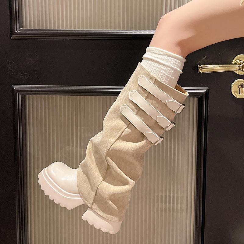 Fashion Medium Heel High Boots Fashion Round Toe Sleeve Belt Buckle Platform Anti-Slip Wear-Resistant Fashion Boots