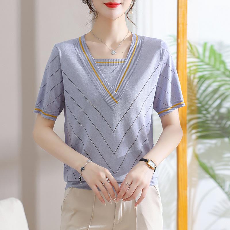 

Mother s Day V-Neck Striped Knit Top - Short Sleeve, Slimming, Versatile Fashion for Middle-Aged & Elderly Women 110 серый/небо