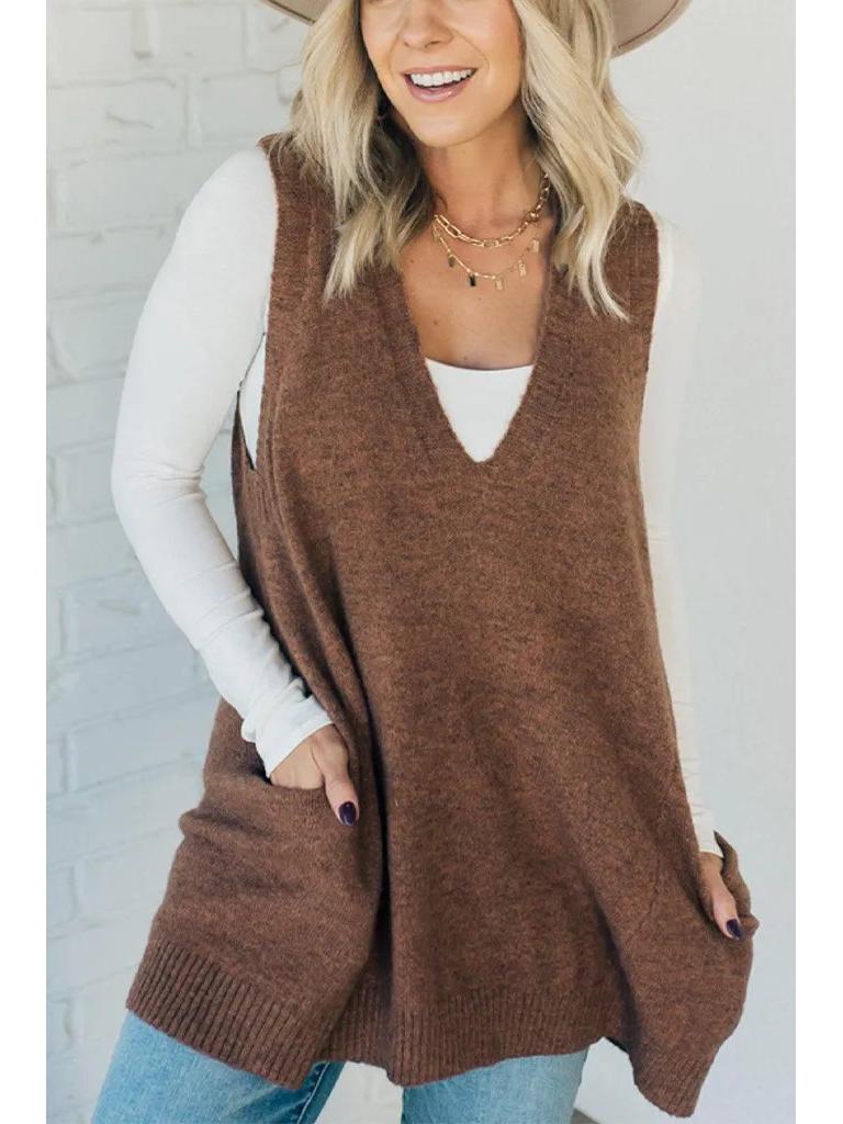Herbst/Winter Einfarbiger V-Ausschnitt Taschen Strickweste Pullover 2025