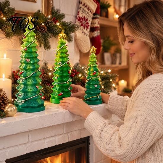 Holiday Window Sill Decoration Resin Christmas Tree Figurine, Gradient Green Orange Tabletop Decor with Star Colorful Statue Topper, Hand-Painted