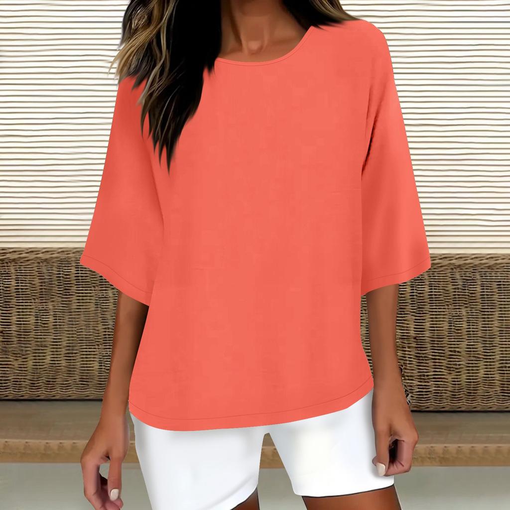 Women's Fashion Solid Color Casual T-Shirt Seven Sleeve Round Neck Cotton Top