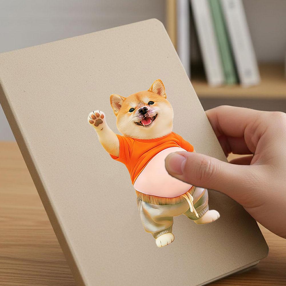 3D Shiba Inu Dog Belly Sticker - Cute Puppy Wearing Orange Outfit with Soft Pink Background, Silicone Self-adhesive