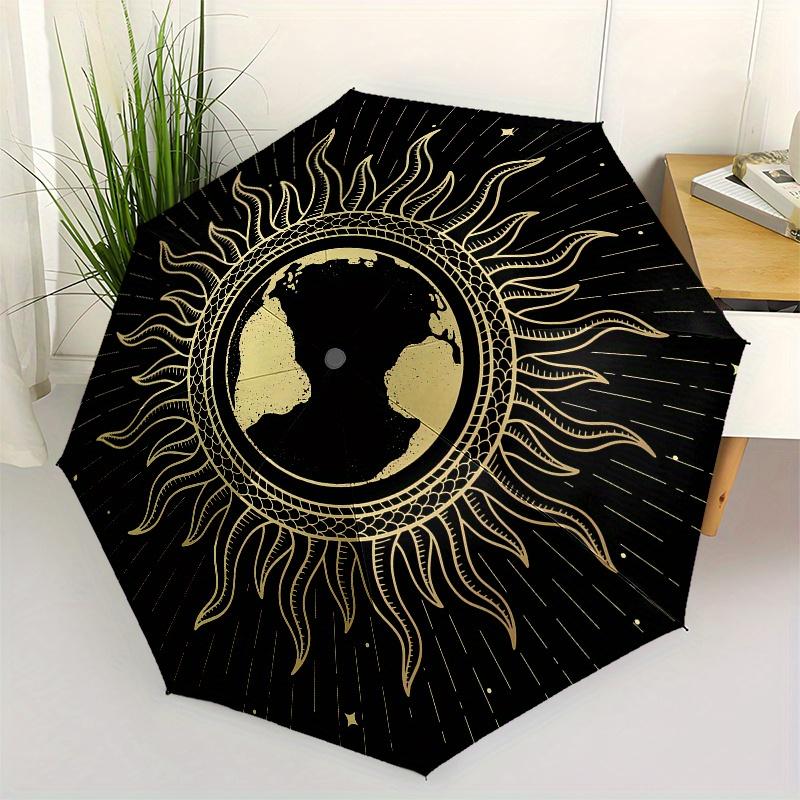 

Automatic Open/Close 8-Rib Compact 3-Fold Umbrella with Golden-Toned Sun & Earth Design - Black & Golden Celestial Pattern, Au