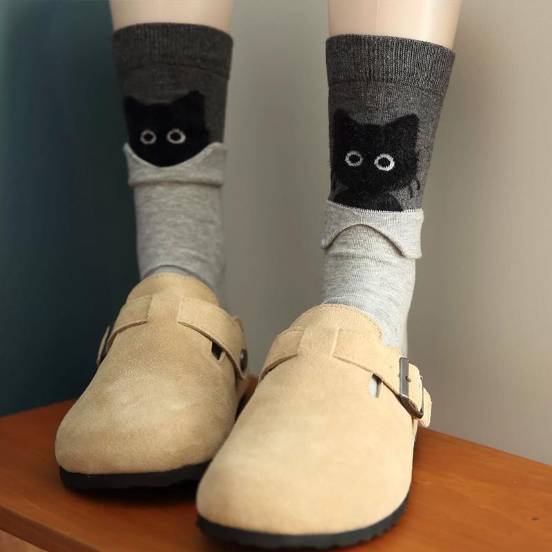 1 Paire Chaussettes Mi-Mollet Mignonnes Chatons Dessin Animé pour Femmes Filles Chaussettes en Coton Automne Hiver