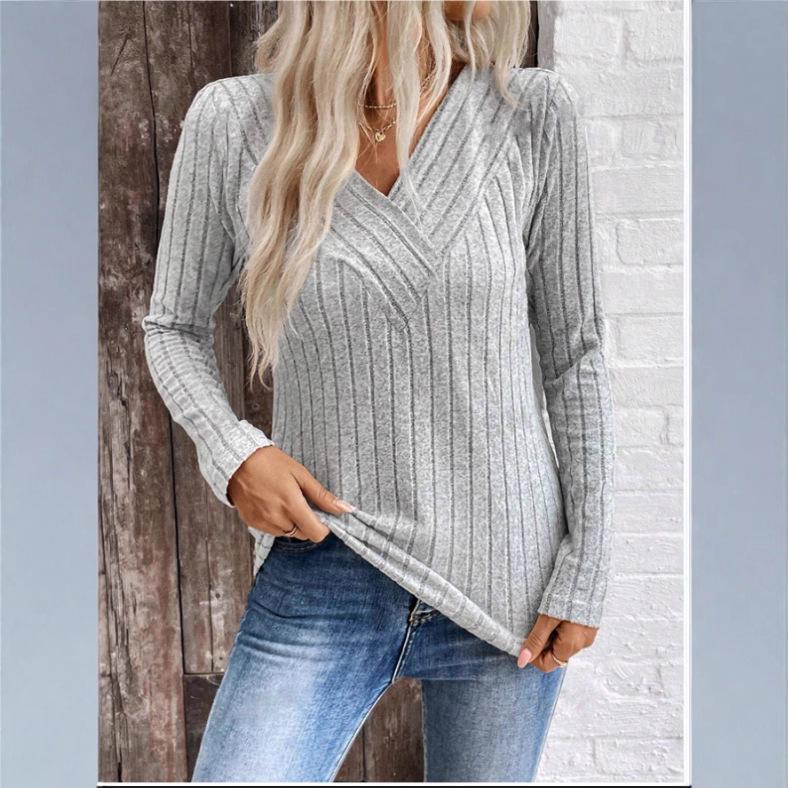 2025 Women's European & American Style V-neck Ribbed Casual Slim Fit Long Sleeve Autumn/Winter T-shirt